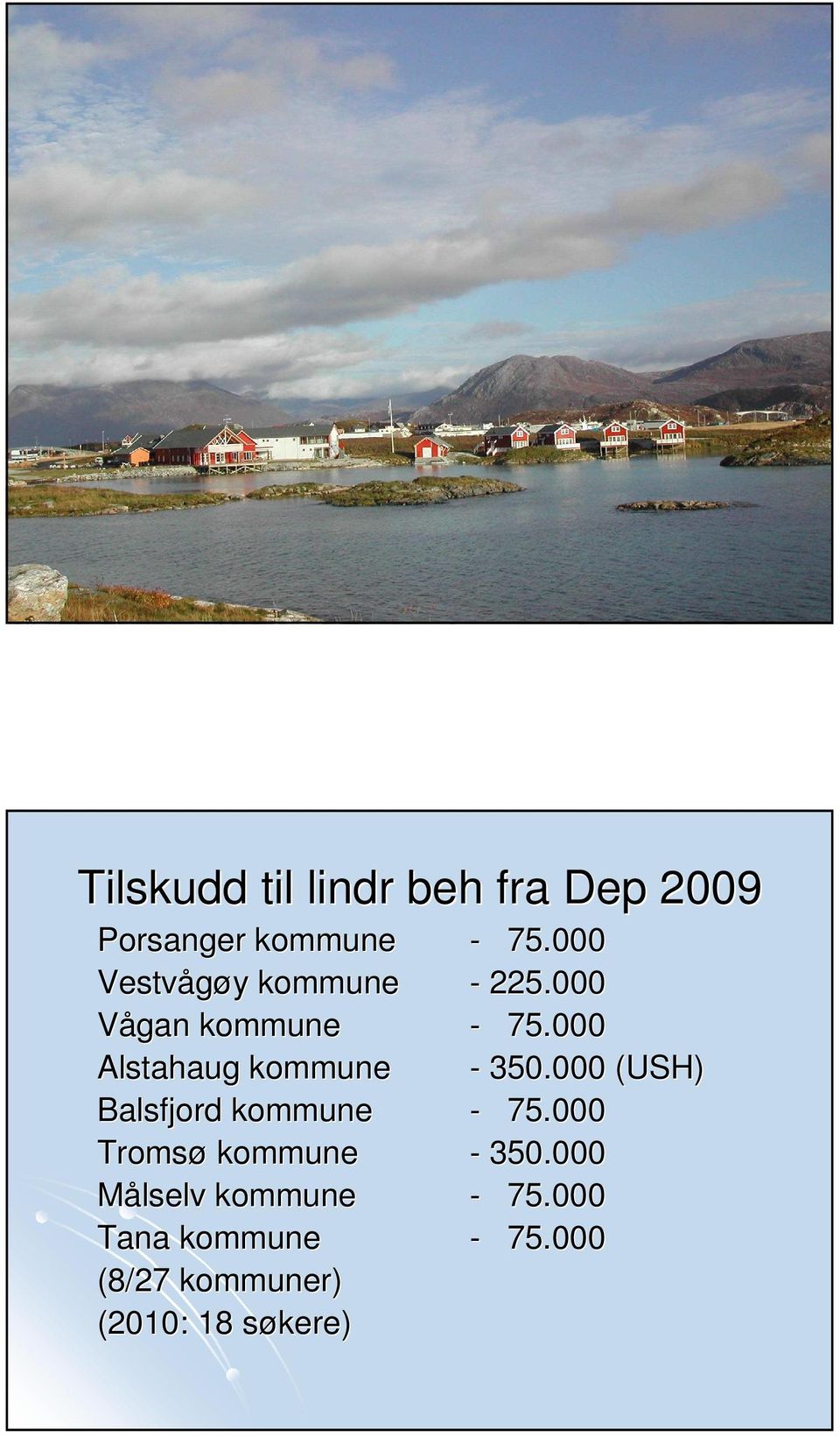 000 Alstahaug kommune - 350.000 (USH) Balsfjord kommune - 75.