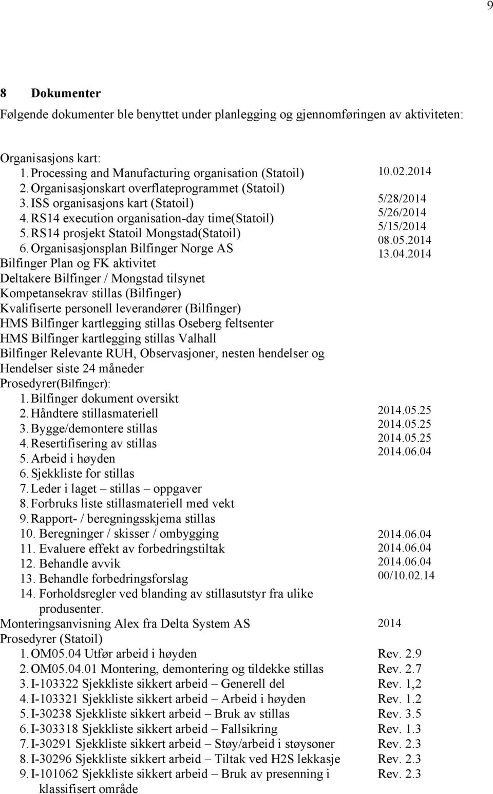 Organisasjonsplan Bilfinger Norge AS Bilfinger Plan og FK aktivitet Deltakere Bilfinger / Mongstad tilsynet Kompetansekrav stillas (Bilfinger) Kvalifiserte personell leverandører (Bilfinger) HMS