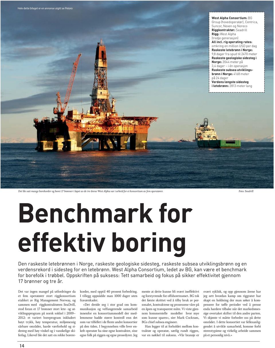 subsea utviklingsbrønn i Norge: 4168 meter på 24 dager Verdens lengste sidesteg i letebrønn: 2813 meter lang Det ble satt mange borekorder og boret 17 brønner i løpet av de tre årene West Alpha var i