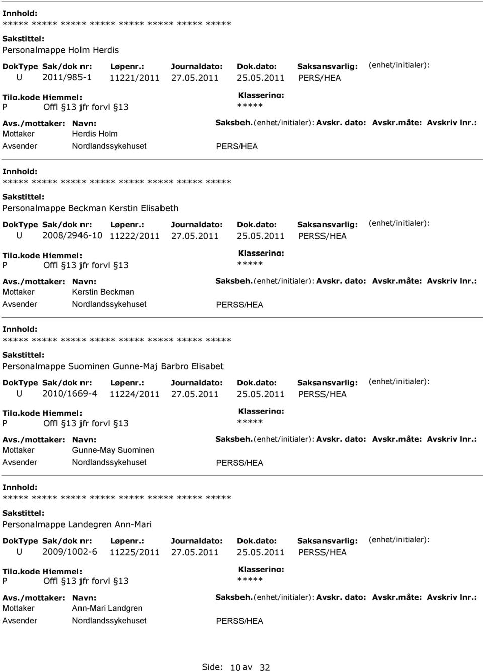 : Mottaker Kerstin Beckman ERSS/HEA ersonalmappe Suominen Gunne-Maj Barbro Elisabet 2010/1669-4 11224/2011 ERSS/HEA Avs./mottaker: Navn: Saksbeh. Avskr. dato: Avskr.