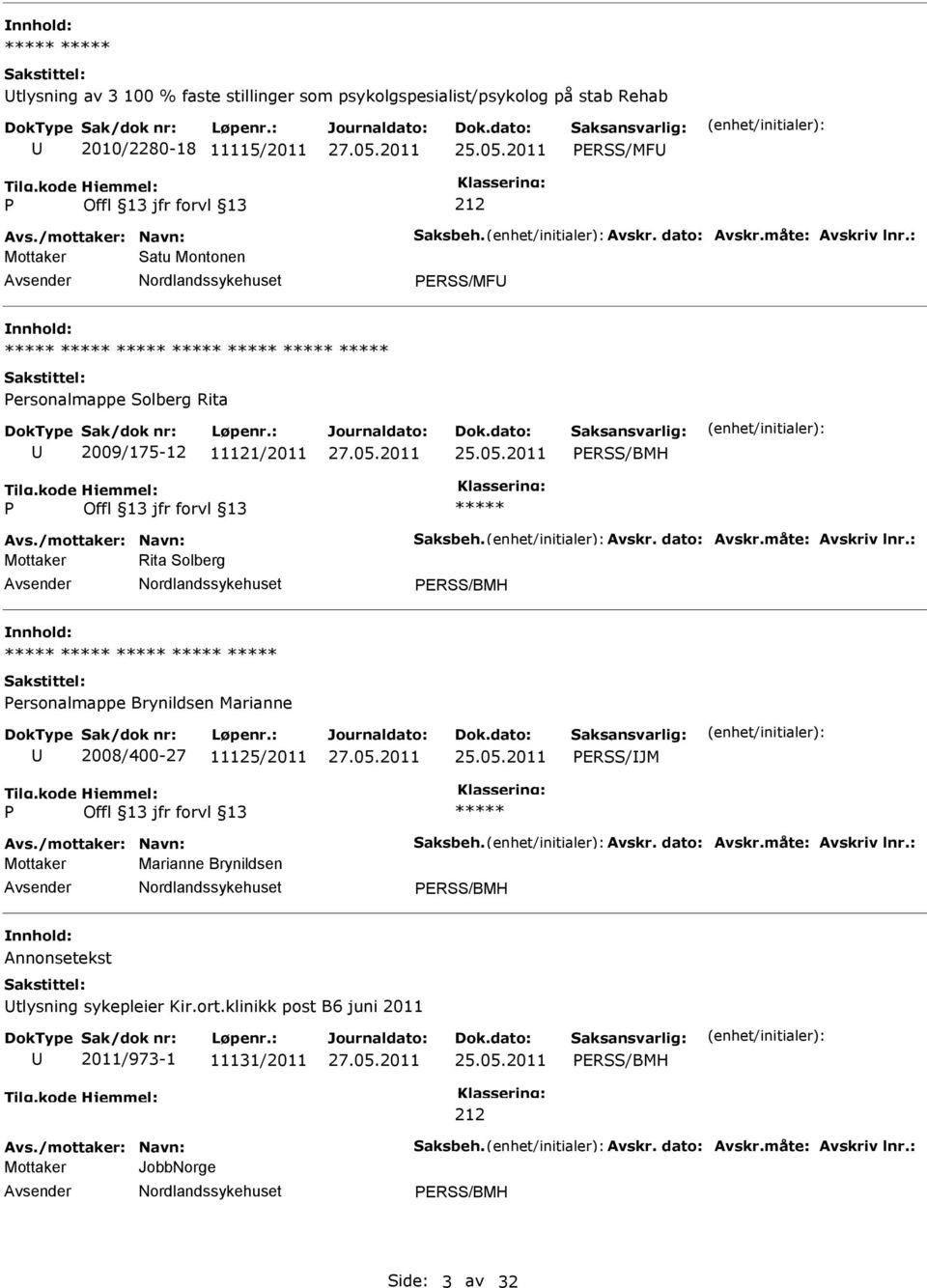 : Mottaker Rita Solberg ERSS/BMH ersonalmappe Brynildsen Marianne 2008/400-27 11125/2011 ERSS/JM Avs./mottaker: Navn: Saksbeh. Avskr. dato: Avskr.måte: Avskriv lnr.