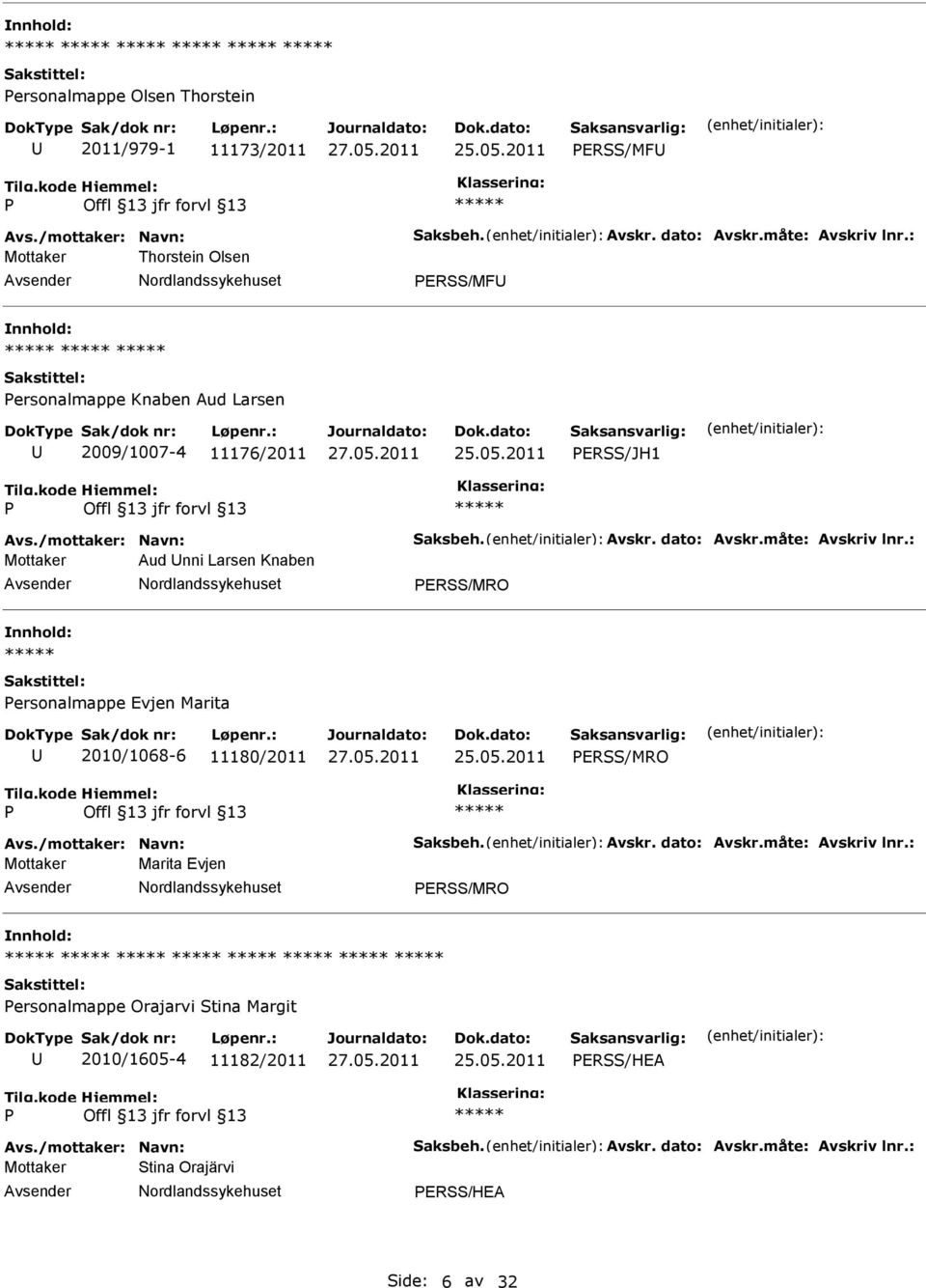 : Mottaker Aud nni Larsen Knaben ERSS/MRO ersonalmappe Evjen Marita 2010/1068-6 11180/2011 ERSS/MRO Avs./mottaker: Navn: Saksbeh. Avskr. dato: Avskr.måte: Avskriv lnr.