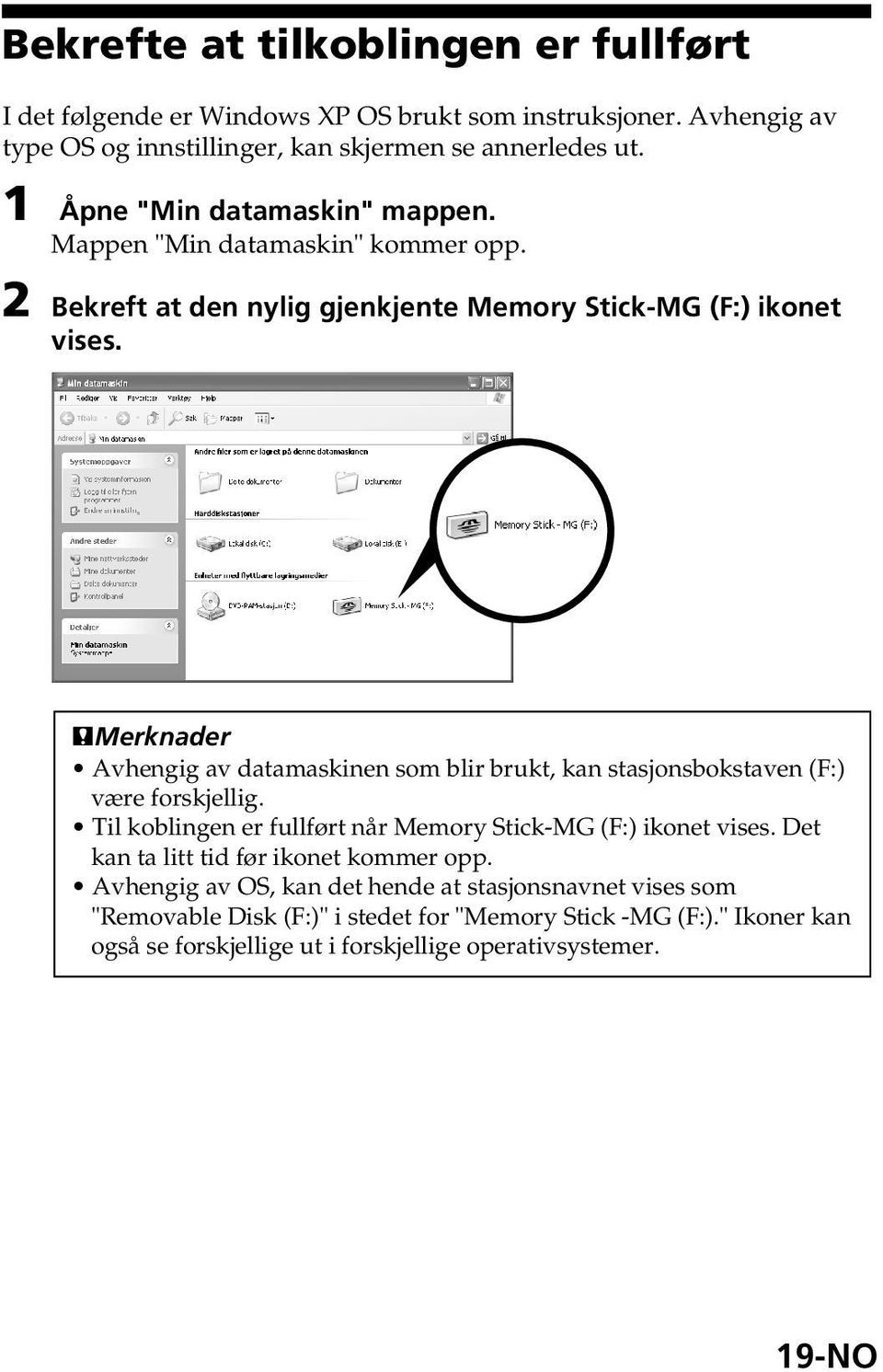 PMerknader Avhengig av datamaskinen som blir brukt, kan stasjonsbokstaven (F:) være forskjellig. Til koblingen er fullført når Memory Stick-MG (F:) ikonet vises.