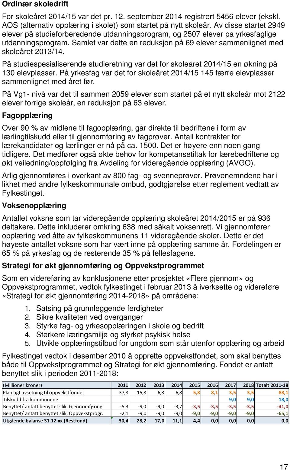 På studiespesialiserende studieretning var det for skoleåret 2014/15 en økning på 130 elevplasser. På yrkesfag var det for skoleåret 2014/15 145 færre elevplasser sammenlignet med året før.