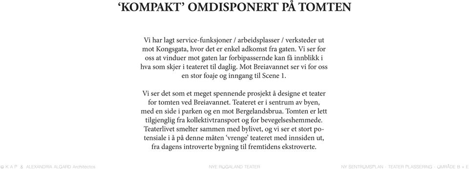 Vi ser det som et meget spennende prosjekt å designe et teater for tomten ved Breiavannet. Teateret er i sentrum av byen, med en side i parken og en mot Bergelandsbrua.