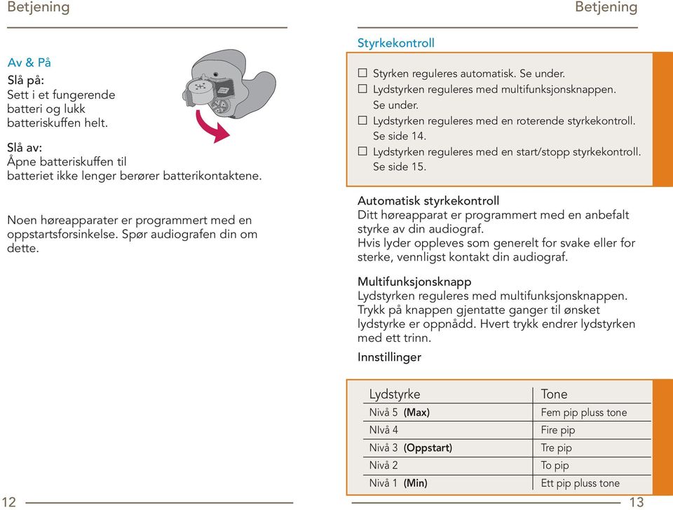 Se under. Lydstyrken reguleres med en roterende styrkekontroll. Se side 14. Lydstyrken reguleres med en start/stopp styrkekontroll. Se side 15.