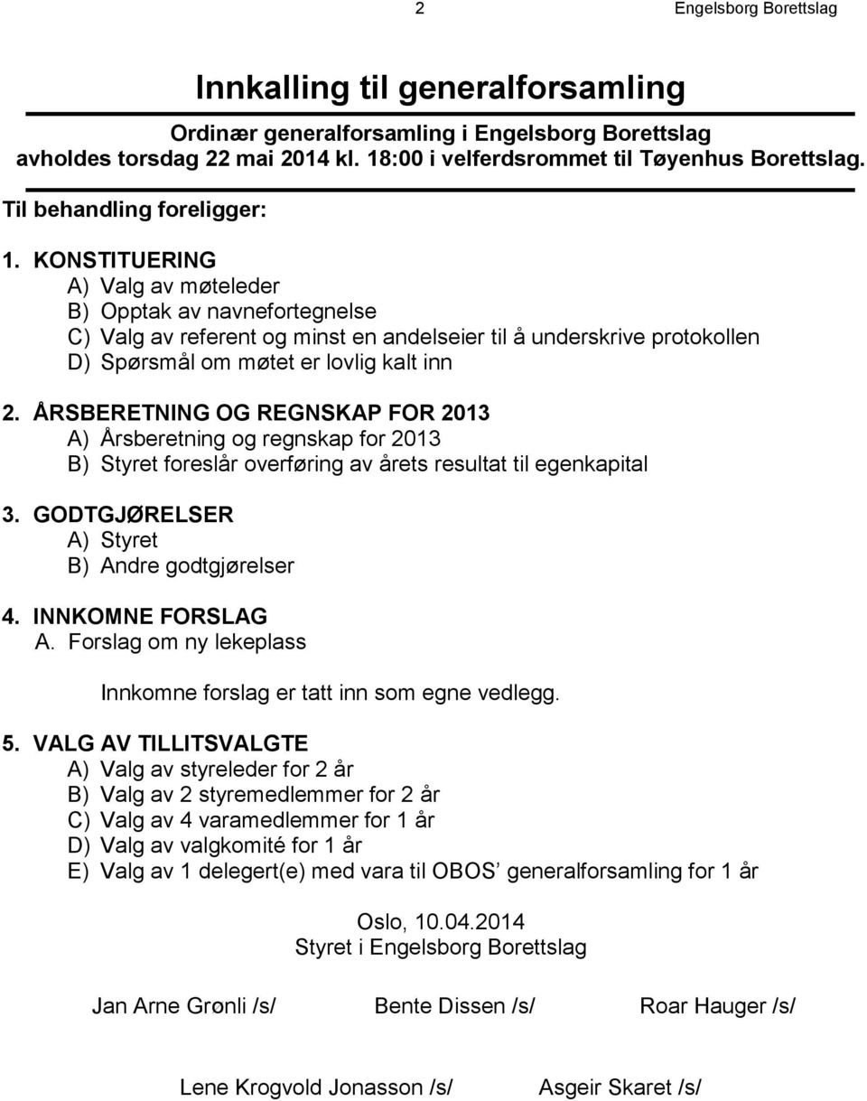 KONSTITUERING A) Valg av møteleder B) Opptak av navnefortegnelse C) Valg av referent og minst en andelseier til å underskrive protokollen D) Spørsmål om møtet er lovlig kalt inn 2.