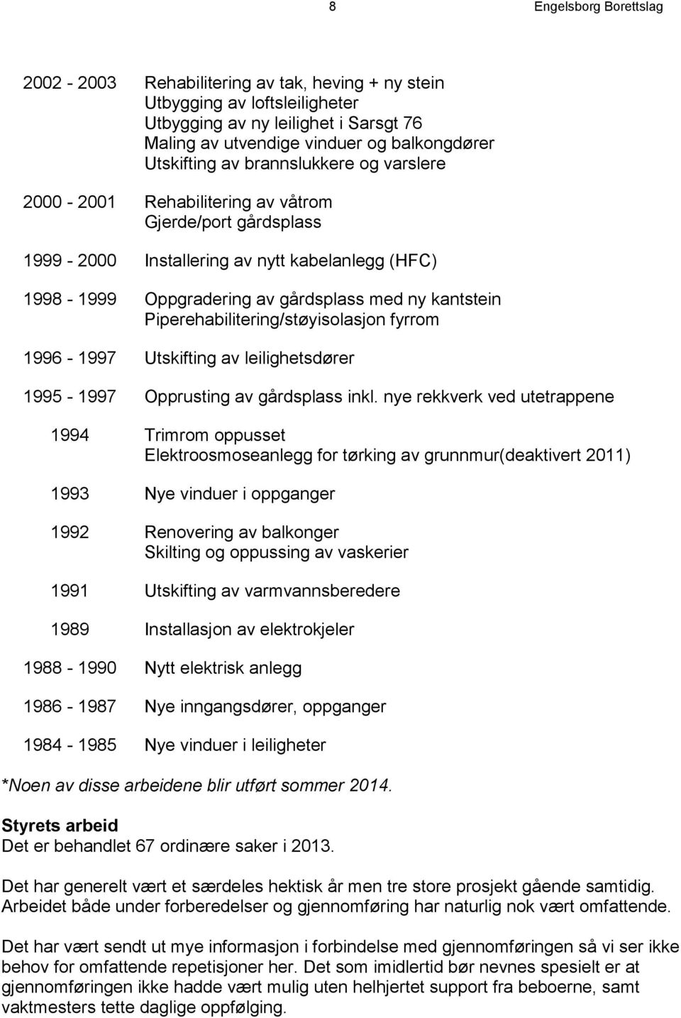 Piperehabilitering/støyisolasjon fyrrom 1996-1997 Utskifting av leilighetsdører 1995-1997 Opprusting av gårdsplass inkl.