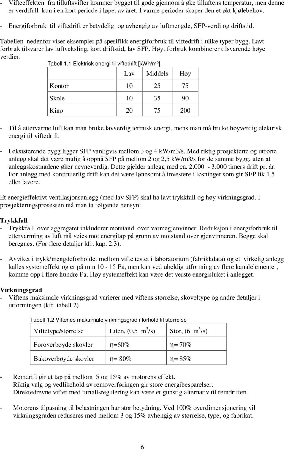 Tabellen nedenfor viser eksempler på spesifikk energiforbruk til viftedrift i ulike typer bygg. Lavt forbruk tilsvarer lav luftveksling, kort driftstid, lav SFP.