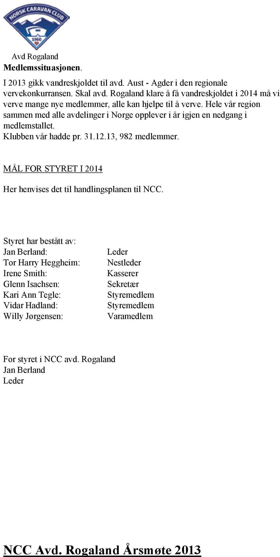 Hele vår region sammen med alle avdelinger i Norge opplever i år igjen en nedgang i medlemstallet. Klubben vår hadde pr. 31.12.13, 982 medlemmer.