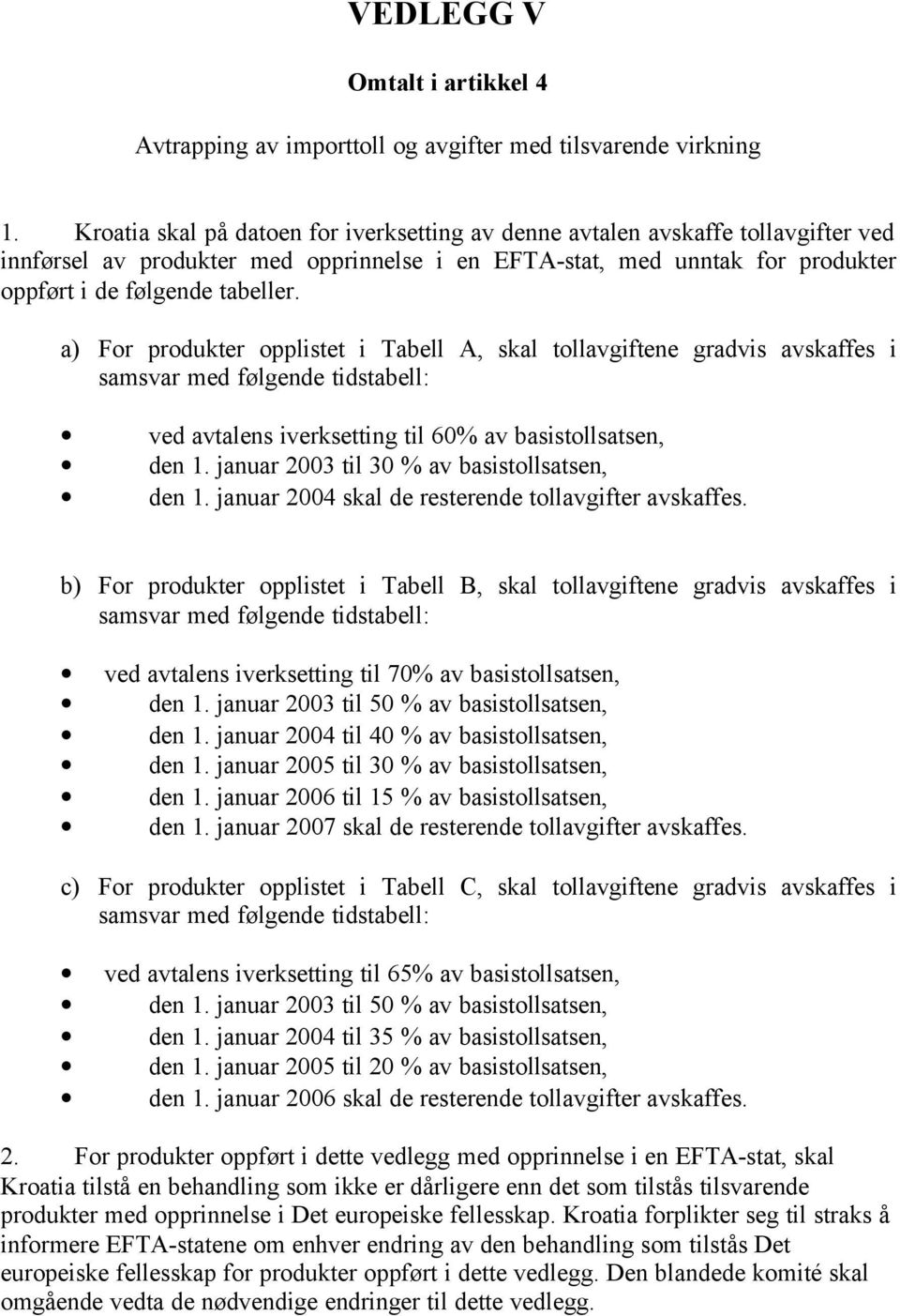 a) For produkter opplistet i Tabell A, skal tollavgiftene gradvis avskaffes i samsvar med følgende tidstabell: ved avtalens iverksetting til 60% av basistollsatsen, den 1.