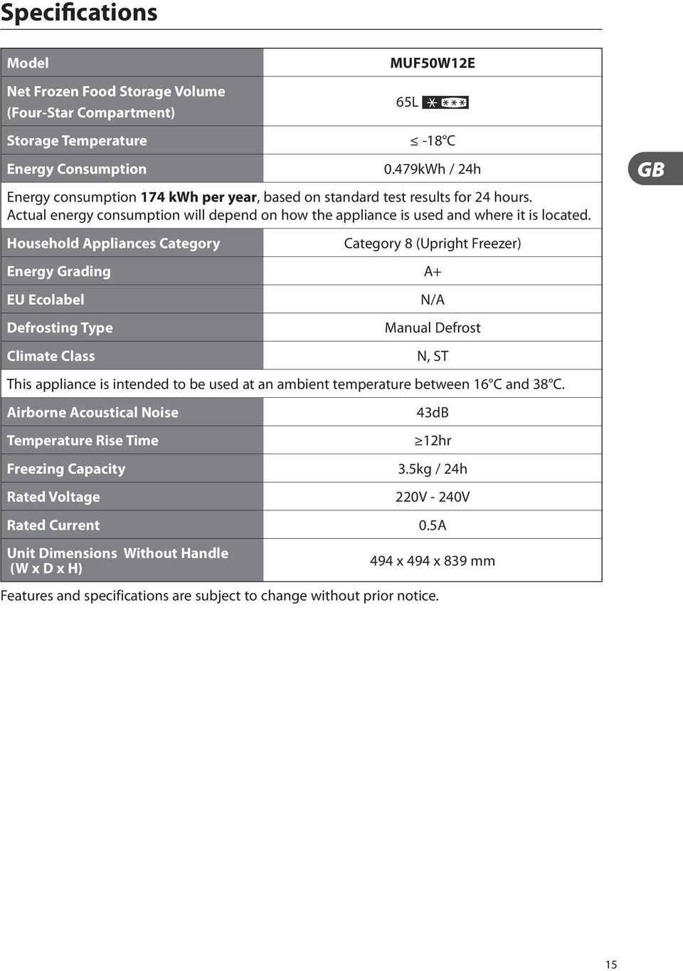 Household Appliances Category Category 8 (Upright Freezer) Energy Grading A+ EU Ecolabel Defrosting Type Climate Class N/A Manual Defrost N, ST This appliance is intended to be used at an ambient