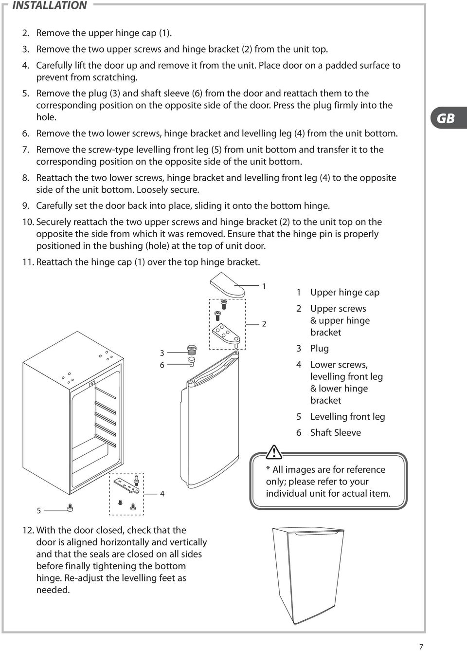 Press the plug firmly into the hole. 6. Remove the two lower screws, hinge bracket and levelling leg (4) from the unit bottom. 7.