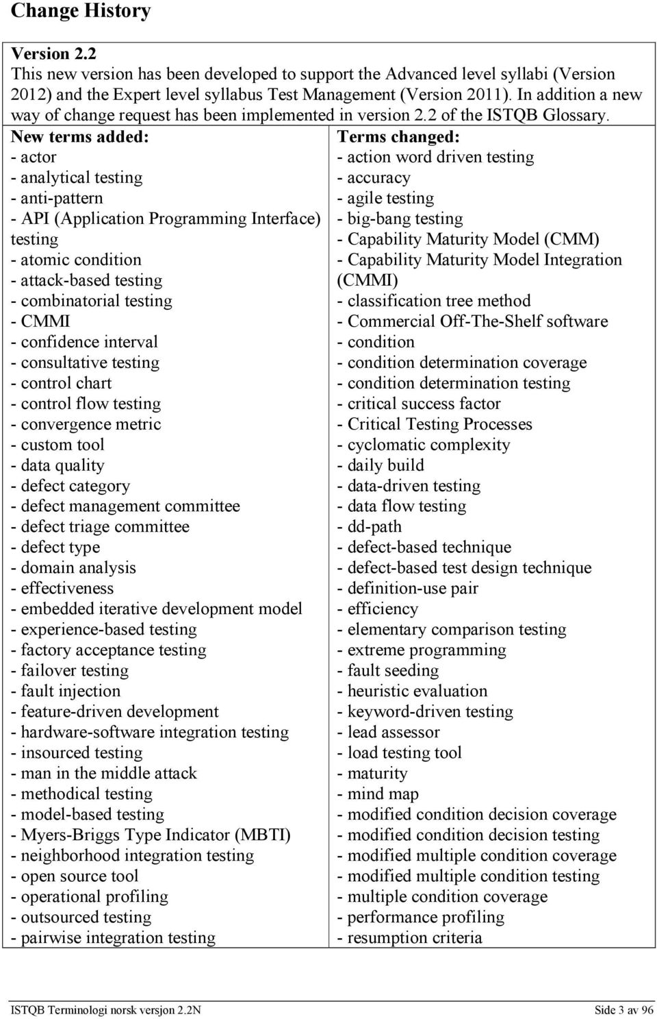 New terms added: - actor - analytical testing - anti-pattern - API (Application Programming Interface) testing - atomic condition - attack-based testing - combinatorial testing - CMMI - confidence