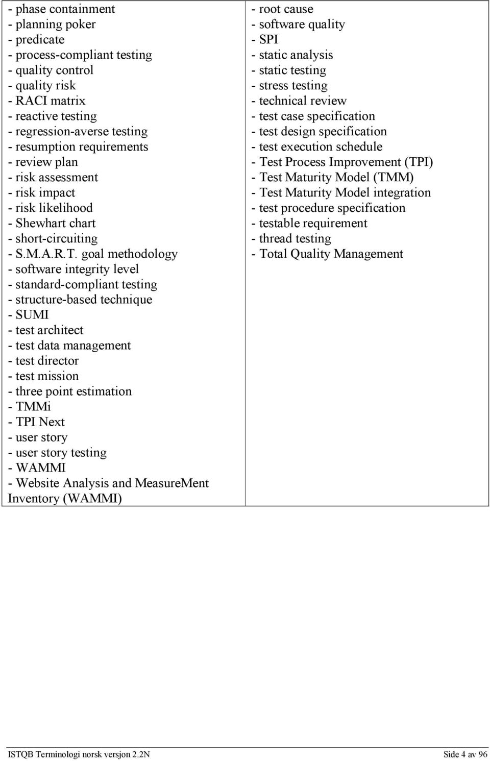 goal methodology - software integrity level - standard-compliant testing - structure-based technique - SUMI - test architect - test data management - test director - test mission - three point