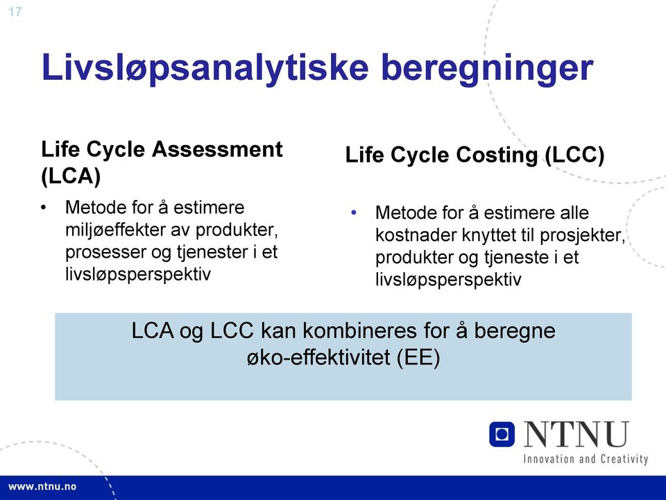 Costing (LCC) Metode for å estimere alle kostnader knyttet til prosjekter, produkter og