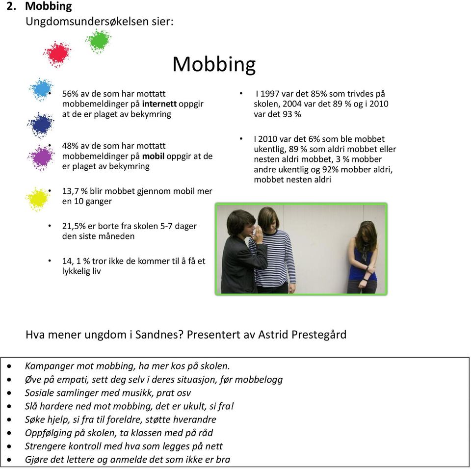 89 % som aldri mobbet eller nesten aldri mobbet, 3 % mobber andre ukentlig og 92% mobber aldri, mobbet nesten aldri 21,5% er borte fra skolen 5-7 dager den siste måneden 14, 1 % tror ikke de kommer