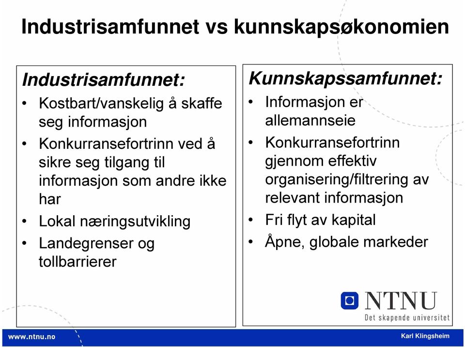 Landegrenser og tollbarrierer Kunnskapssamfunnet: Informasjon er allemannseie Konkurransefortrinn