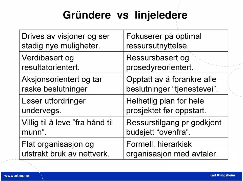 Flat organisasjon og utstrakt bruk av nettverk. Fokuserer på optimal ressursutnyttelse. Ressursbasert og prosedyreorientert.