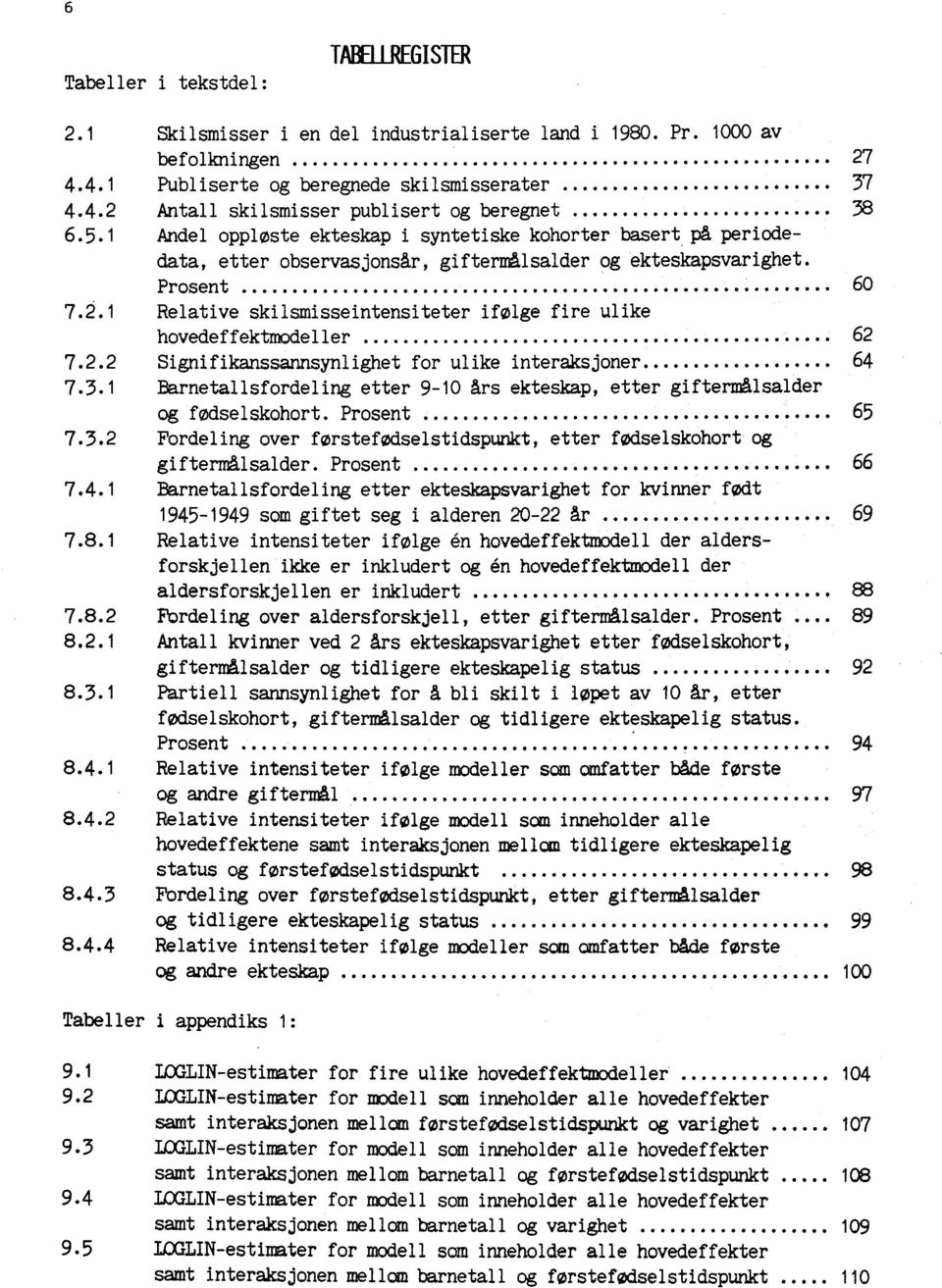 1 Relative skilsmisseintensiteter ifølge fire ulike hovedeffektmodeller..... 62 7.2.2 Signifikanssannsynlighet for ulike interaksjoner... 64 7.3.1 Ba.