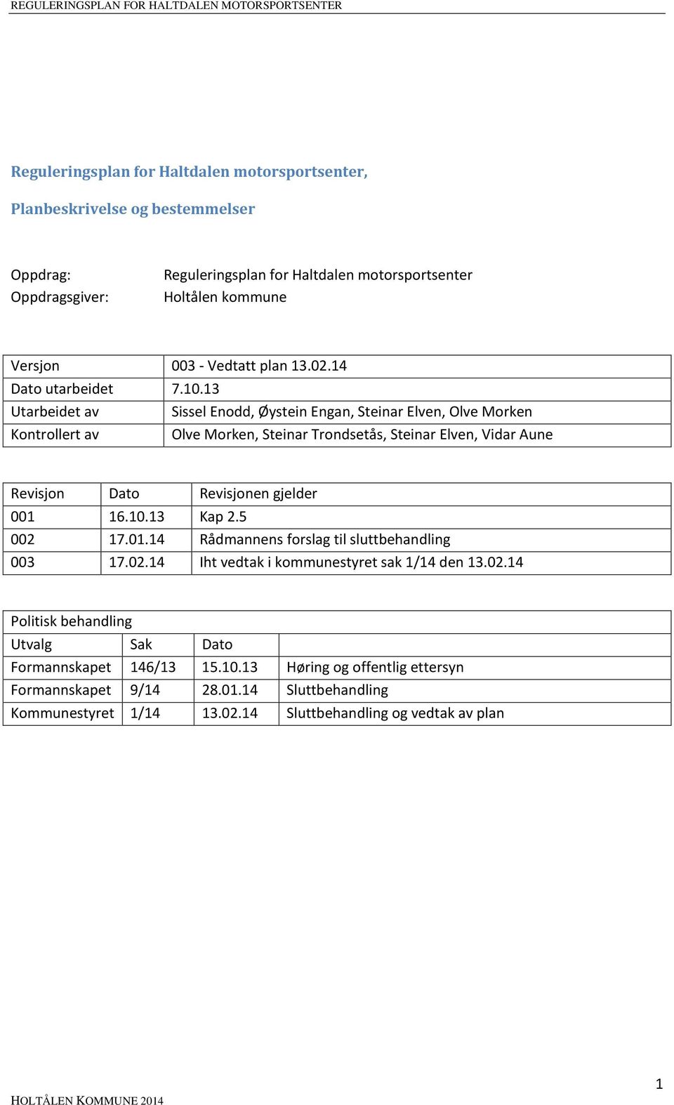 13 Utarbeidet av Sissel Enodd, Øystein Engan, Steinar Elven, Olve Morken Kontrollert av Olve Morken, Steinar Trondsetås, Steinar Elven, Vidar Aune Revisjon Dato Revisjonen gjelder 001