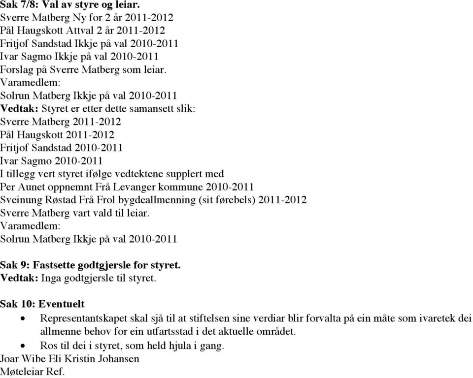 Varamedlem: Solrun Matberg Ikkje på val 2010-2011 Vedtak: Styret er etter dette samansett slik: Sverre Matberg 2011-2012 Pål Haugskott 2011-2012 Fritjof Sandstad 2010-2011 Ivar Sagmo 2010-2011 I