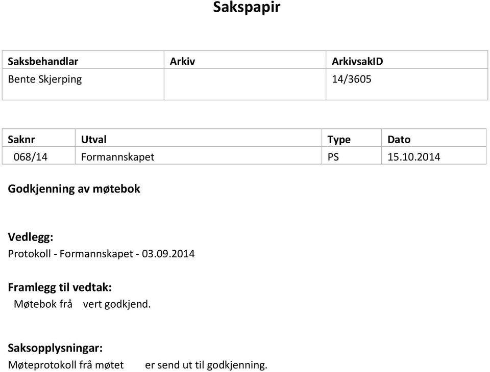 2014 Godkjenning av møtebok Vedlegg: Protokoll - Formannskapet - 03.09.