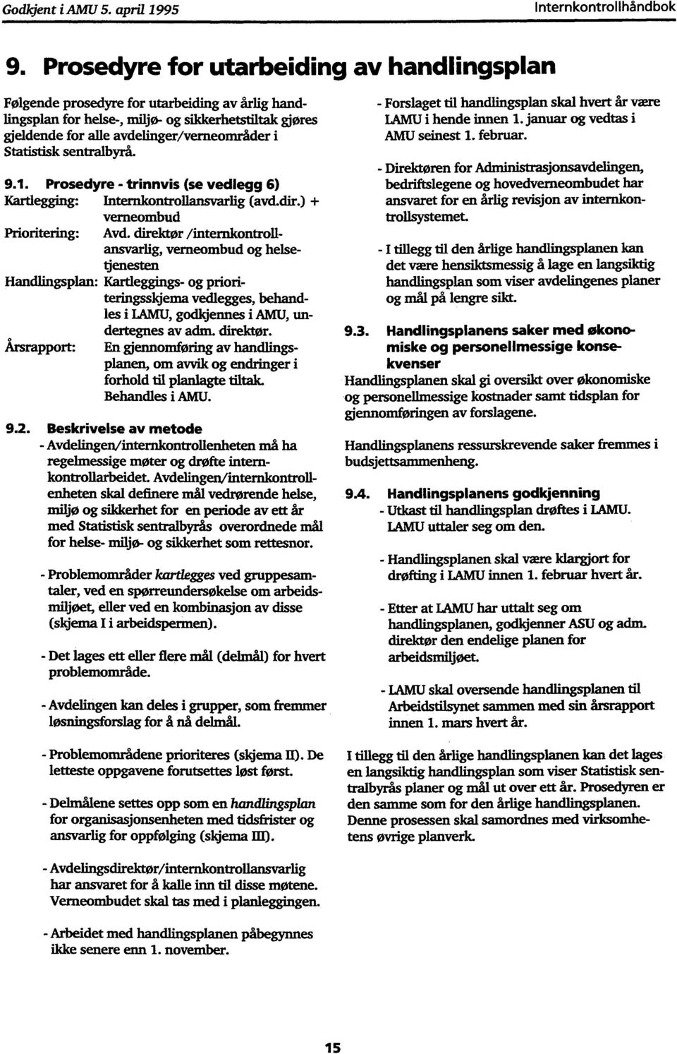 Statistisk sentralbyrå. 9.1. Prosedyre - trinnvis (se vedlegg 6) Kartlegging: Internkontrollansvarlig (avd.dir.) + verneombud Prioritering: Avd.