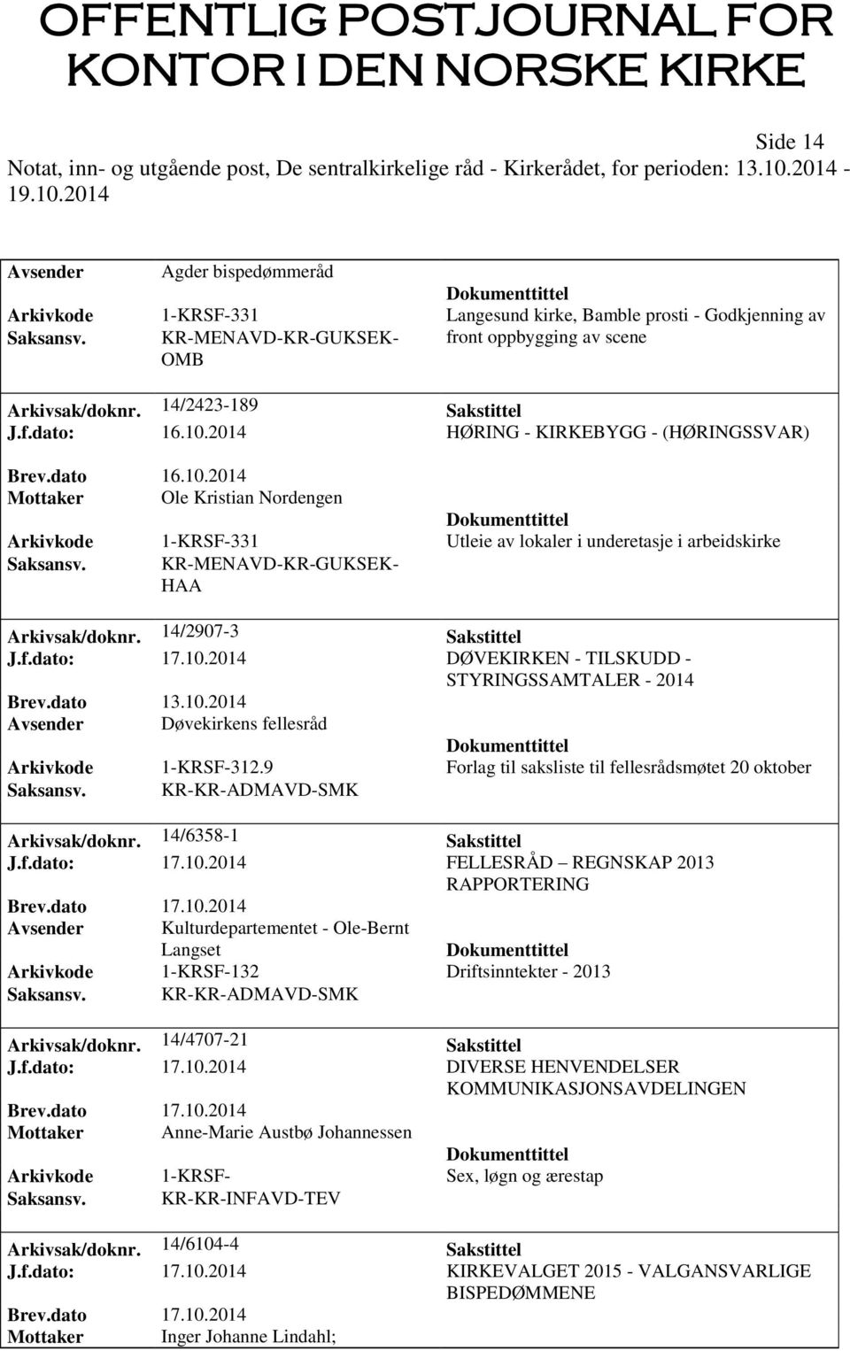 KR-MENAVD-KR-GUKSEK- HAA Arkivsak/doknr. 14/2907-3 Sakstittel J.f.dato: 17.10.2014 DØVEKIRKEN - TILSKUDD - STYRINGSSAMTALER - 2014 Avsender Døvekirkens fellesråd Arkivkode 1-KRSF-312.