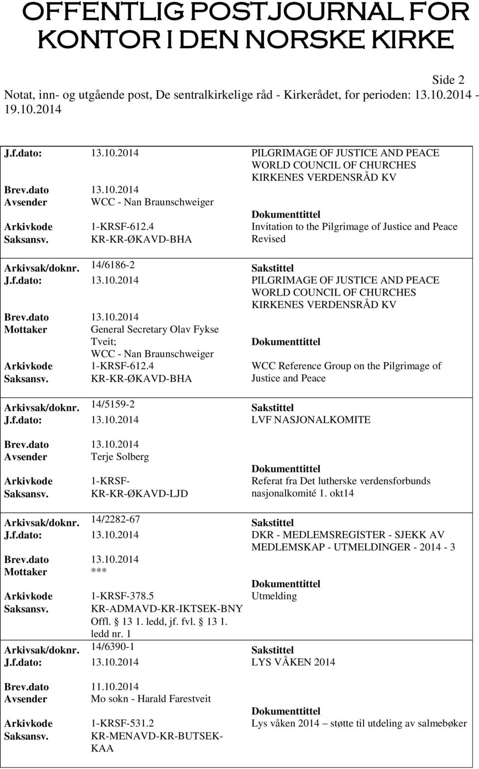 2014 PILGRIMAGE OF JUSTICE AND PEACE WORLD COUNCIL OF CHURCHES KIRKENES VERDENSRÅD KV Mottaker General Secretary Olav Fykse Tveit; WCC - Nan Braunschweiger Arkivkode 1-KRSF-612.