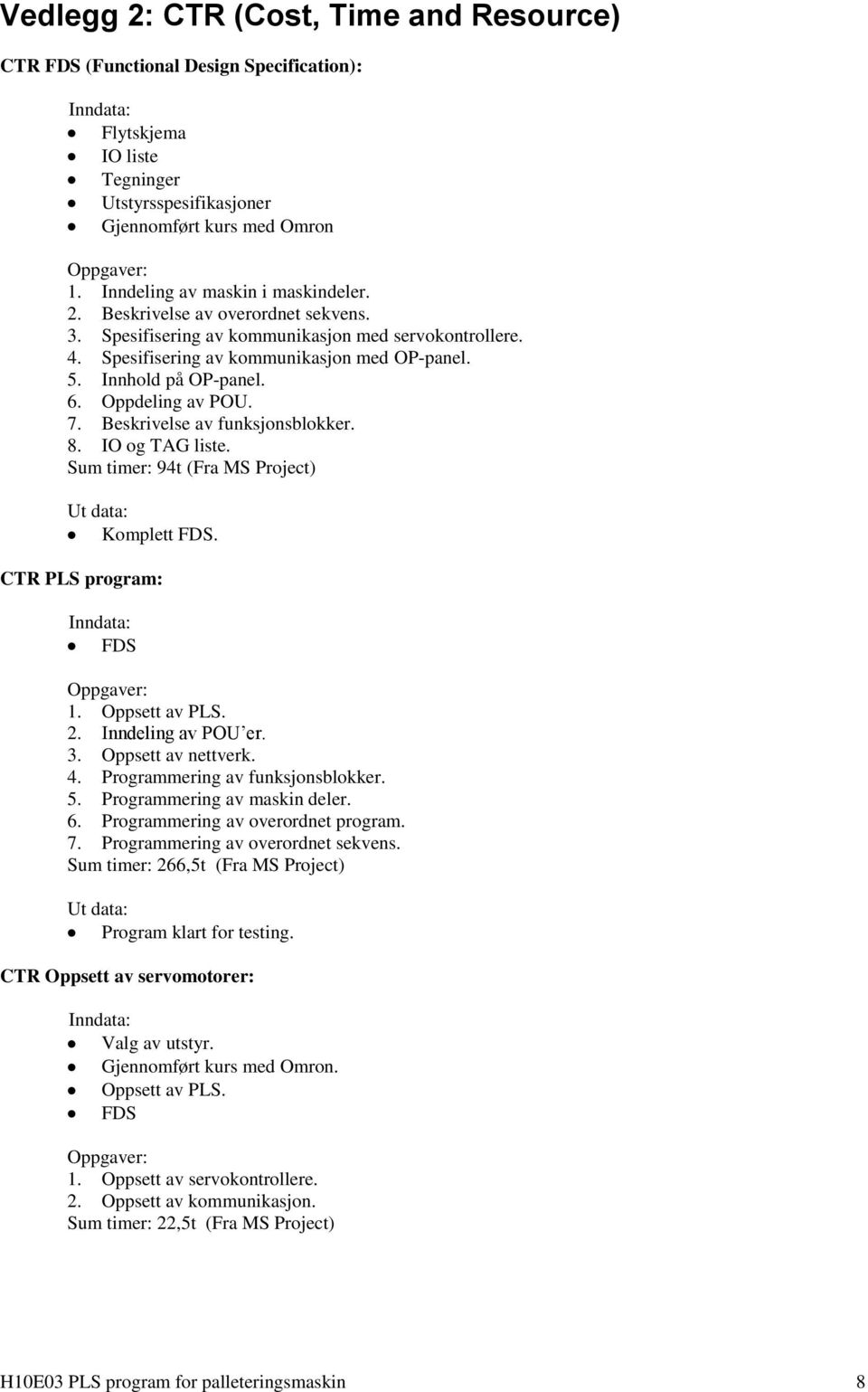 6. Oppdeling av POU. 7. Beskrivelse av funksjonsblokker. 8. IO og TAG liste. Sum timer: 94t (Fra MS Project) Ut data: Komplett FDS. CTR PLS program: FDS 1. Oppsett av PLS. 2. Inndeling av POU er. 3.