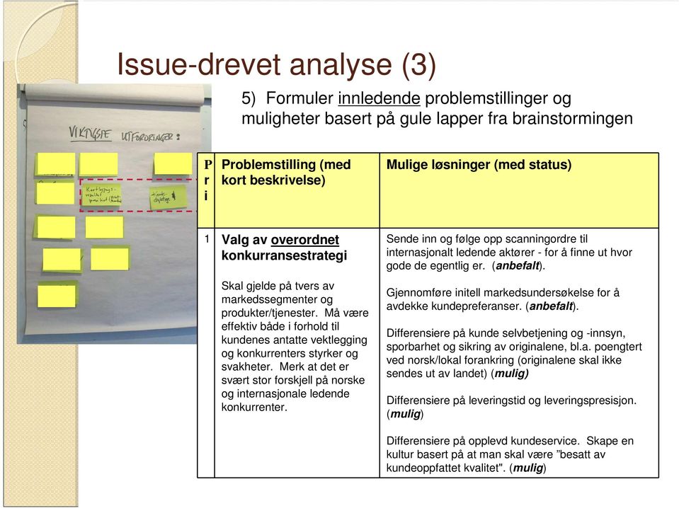 Må være effektiv både i forhold til kundenes antatte vektlegging og konkurrenters styrker og svakheter. Merk at det er svært stor forskjell på norske og internasjonale ledende konkurrenter.