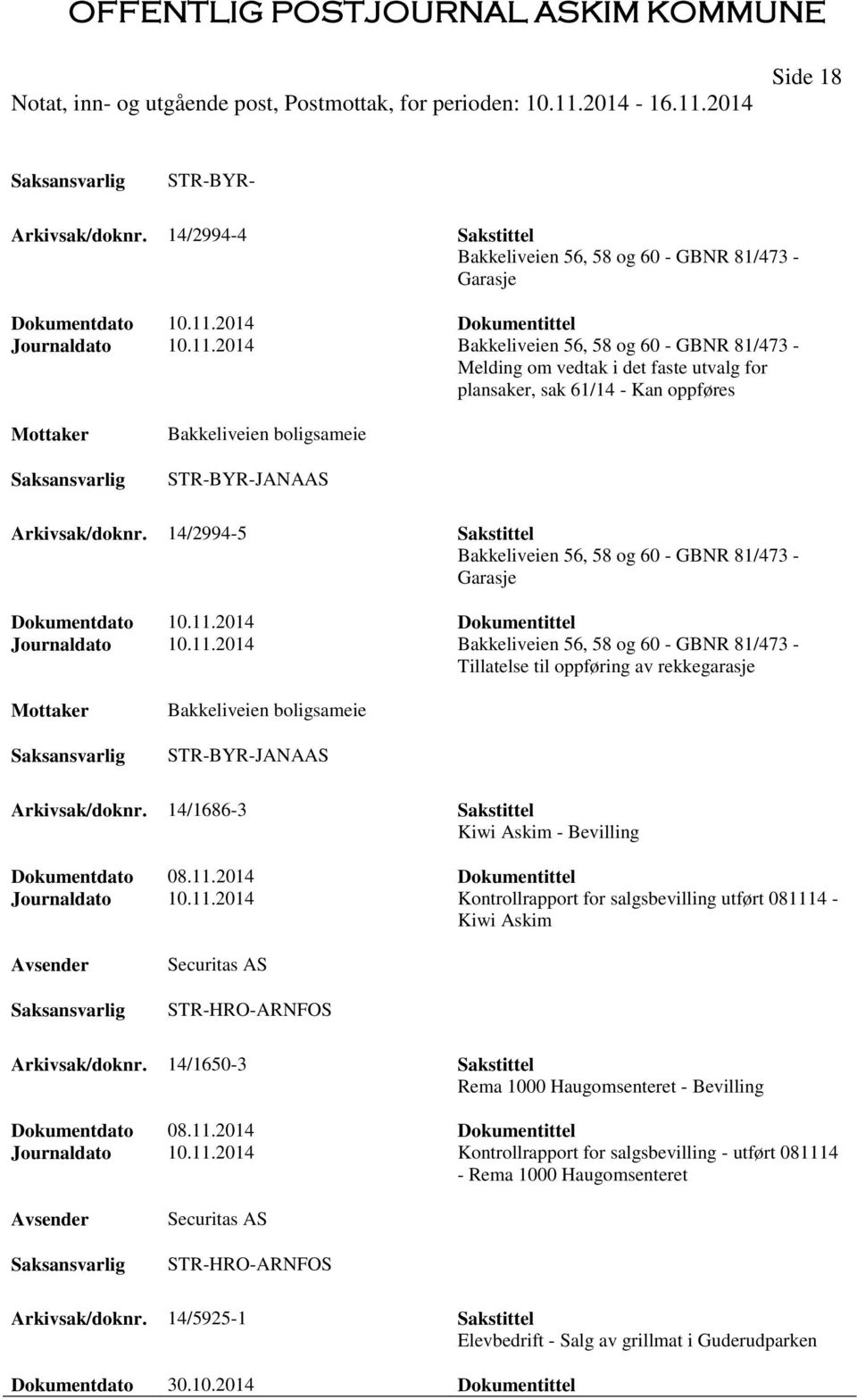 14/2994-5 Sakstittel Bakkeliveien 56, 58 og 60 - GBNR 81/473 - Garasje Journaldato 10.11.