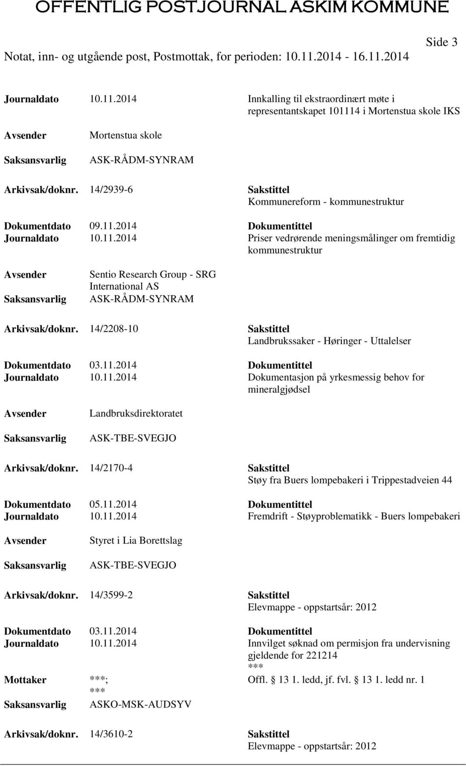 2014 Dokumentittel Journaldato 10.11.2014 Priser vedrørende meningsmålinger om fremtidig kommunestruktur Sentio Research Group - SRG International AS ASK-RÅDM-SYNRAM Arkivsak/doknr.