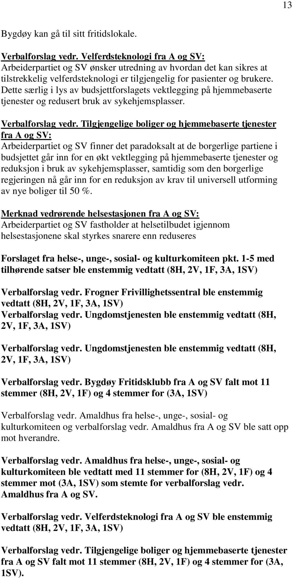 Dette særlig i lys av budsjettforslagets vektlegging på hjemmebaserte tjenester og redusert bruk av sykehjemsplasser. Verbalforslag vedr.