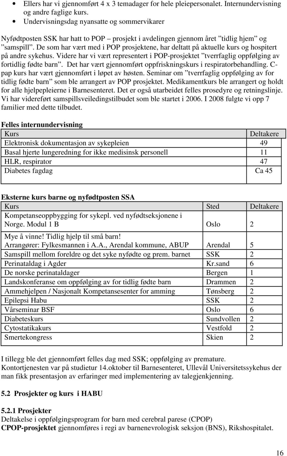 De som har vært med i POP prosjektene, har deltatt på aktuelle kurs og hospitert på andre sykehus. Videre har vi vært representert i POP-prosjektet tverrfaglig oppfølging av fortidlig fødte barn.