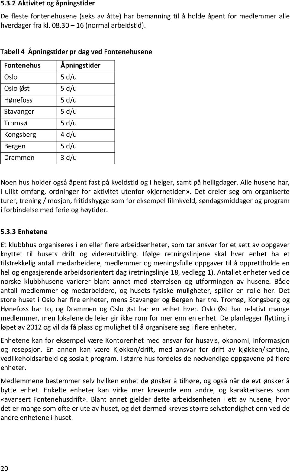 også åpent fast på kveldstid og i helger, samt på helligdager. Alle husene har, i ulikt omfang, ordninger for aktivitet utenfor «kjernetiden».