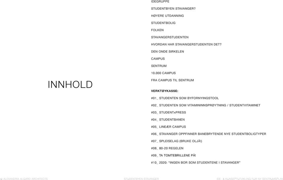 000 CAMPUS INNHOLD FRA CAMPUS TIL SENTRUM VERKTØYKASSE: #01_ STUDENTEN SOM BYFORNYINGSTOOL #02_ STUDENTEN SOM VITAMININNSPRØYTNING /