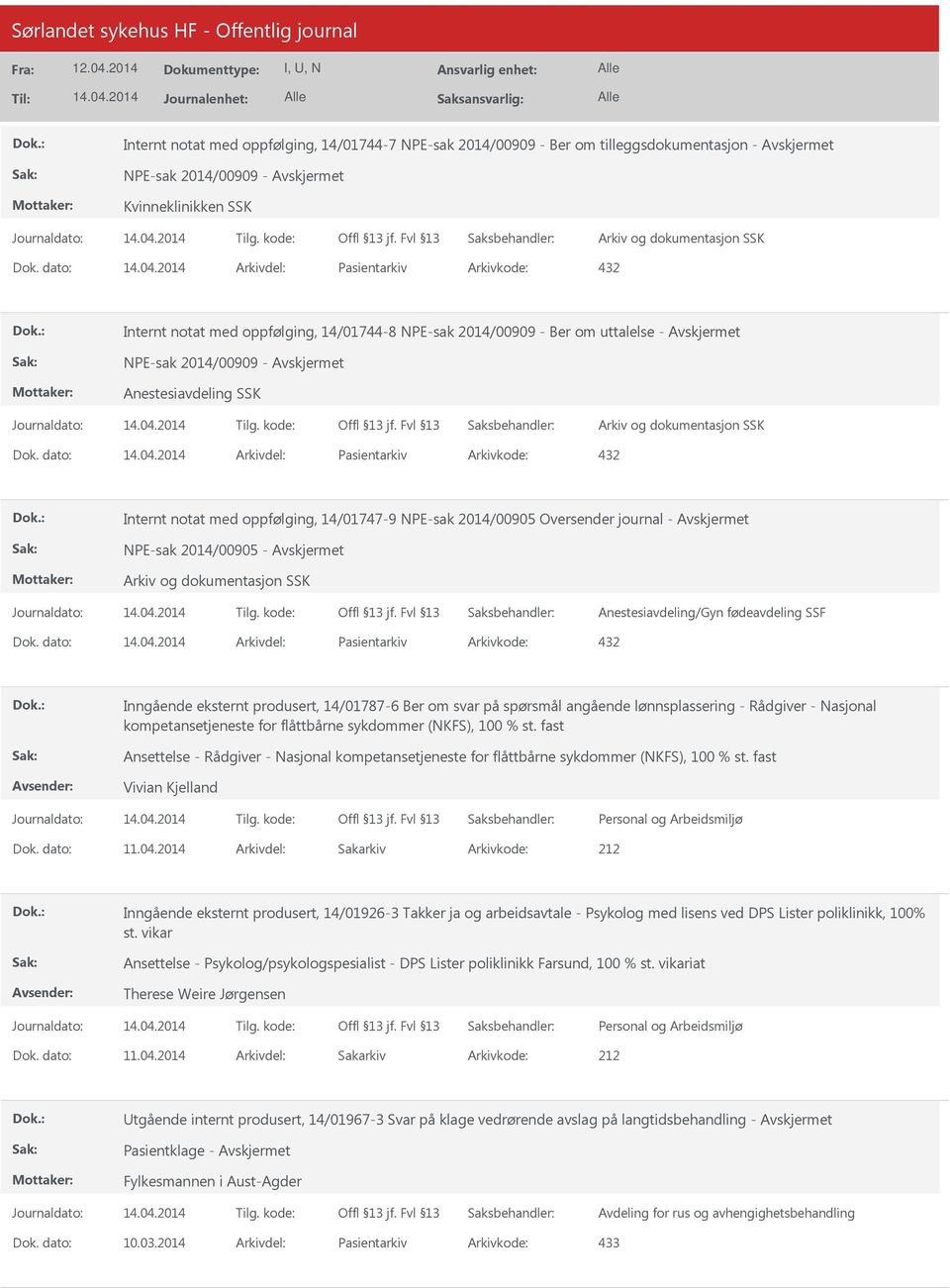 dato: Arkivdel: Pasientarkiv Arkivkode: 432 Internt notat med oppfølging, 14/01747-9 NPE-sak 2014/00905 Oversender journal - NPE-sak 2014/00905 - Anestesiavdeling/Gyn fødeavdeling SSF Dok.