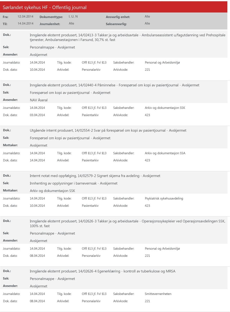 2014 Arkivdel: Pasientarkiv Arkivkode: 423 tgående internt produsert, 14/02554-2 Svar på forespørsel om kopi av pasientjournal - Forespørsel om kopi av pasientjournal - Arkiv og dokumentasjon SSA Dok.