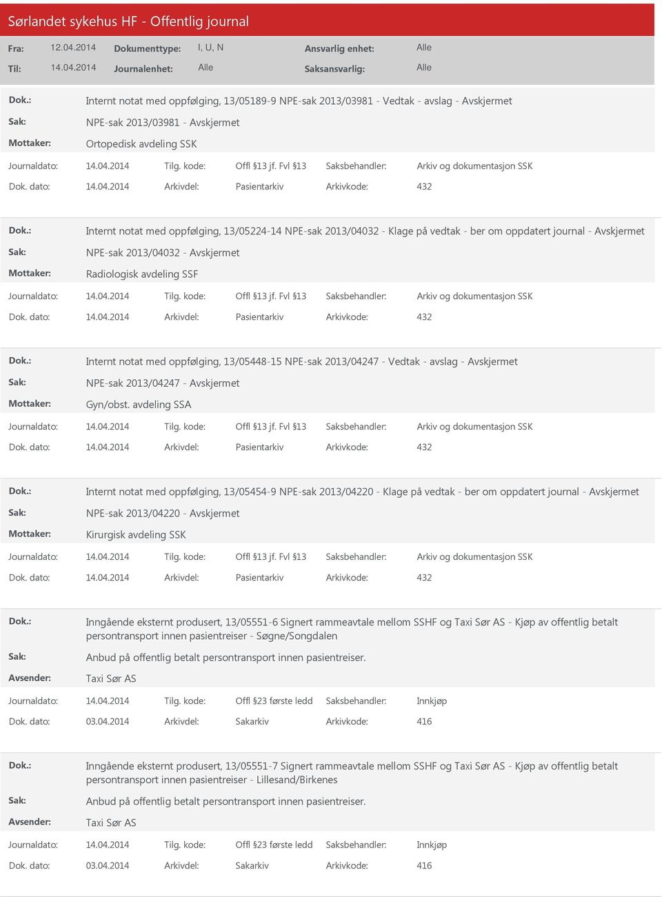 Dok. dato: Arkivdel: Pasientarkiv Arkivkode: 432 Internt notat med oppfølging, 13/05448-15 NPE-sak 2013/04247 - Vedtak - avslag - NPE-sak 2013/04247 - Gyn/obst. avdeling SSA Dok.