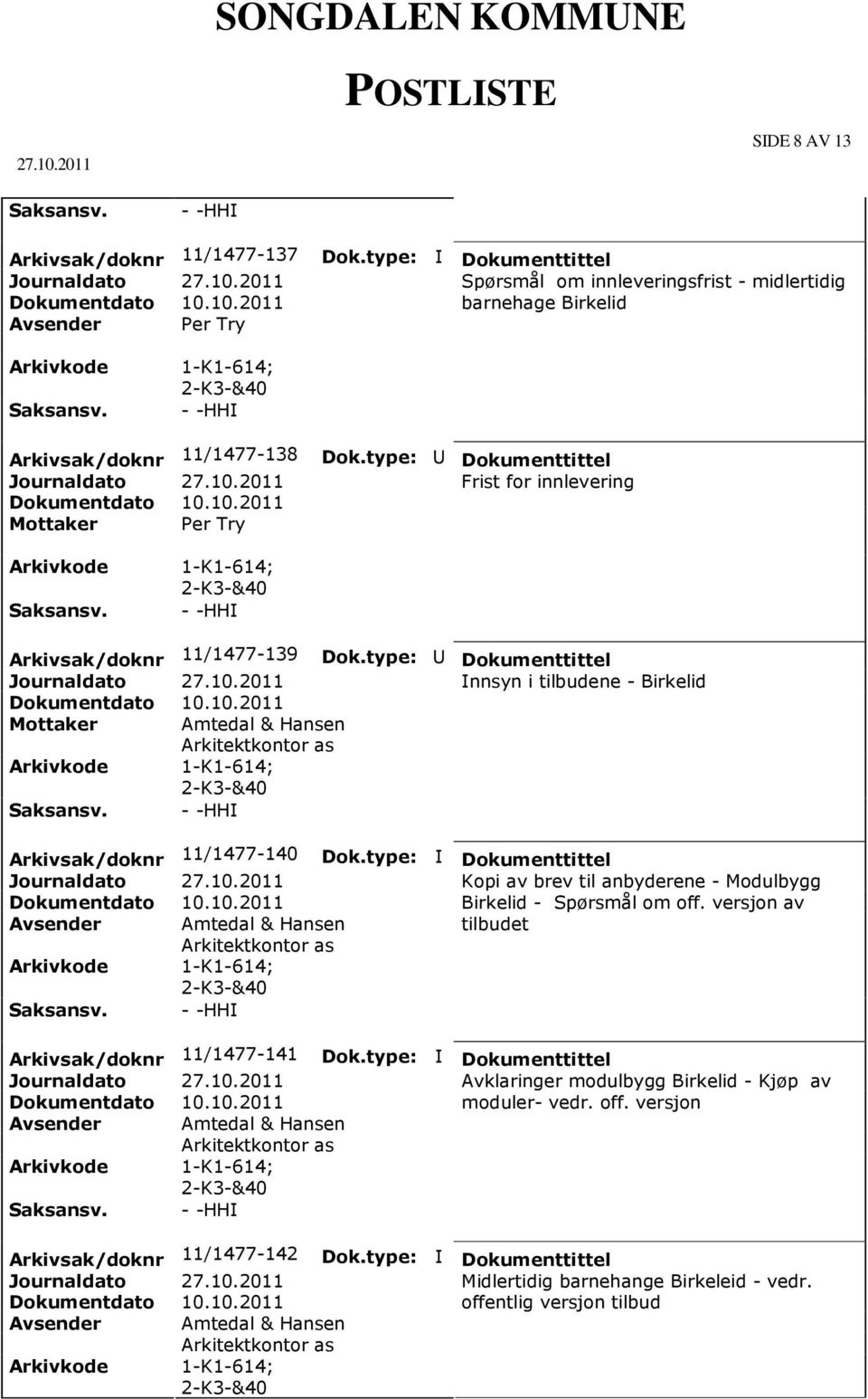 10.2011 Birkelid - Spørsmål om off. versjon av tilbudet Arkivsak/doknr 11/1477-141 Avklaringer modulbygg Birkelid - Kjøp av Dokumentdato 10.10.2011 moduler- vedr. off. versjon Arkivsak/doknr 11/1477-142 Midlertidig barnehange Birkeleid - vedr.