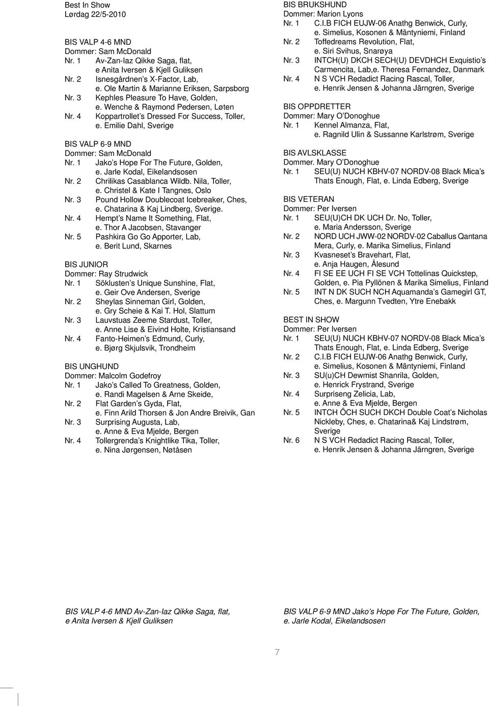Emilie Dahl, Sverige BIS VALP 6-9 MND Dommer: Sam McDonald Nr. 1 Jako s Hope For The Future, Golden, e. Jarle Kodal, Eikelandsosen Nr. 2 Chrilikas Casablanca Wildb. Nila, Toller, e.