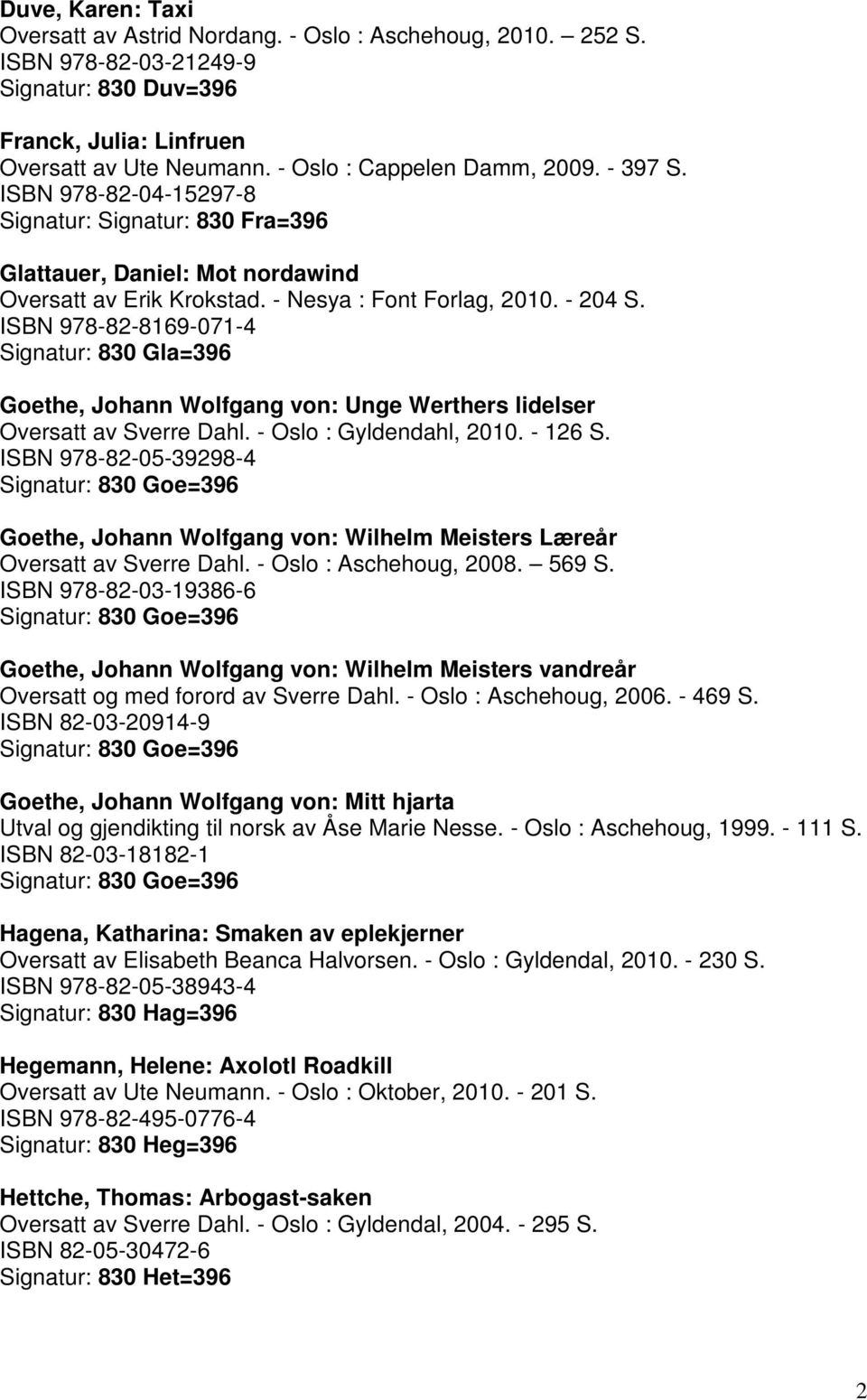 ISBN 978-82-8169-071-4 Signatur: 830 Gla=396 Goethe, Johann Wolfgang von: Unge Werthers lidelser Oversatt av Sverre Dahl. - Oslo : Gyldendahl, 2010. - 126 S.