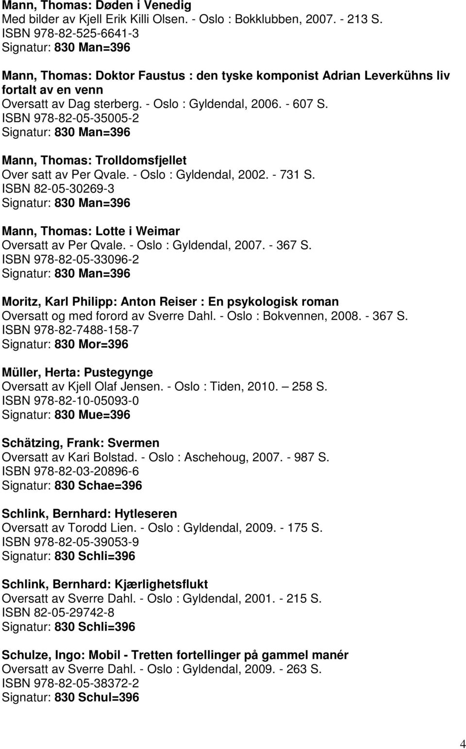 ISBN 978-82-05-35005-2 Mann, Thomas: Trolldomsfjellet Over satt av Per Qvale. - Oslo : Gyldendal, 2002. - 731 S. ISBN 82-05-30269-3 Mann, Thomas: Lotte i Weimar Oversatt av Per Qvale.