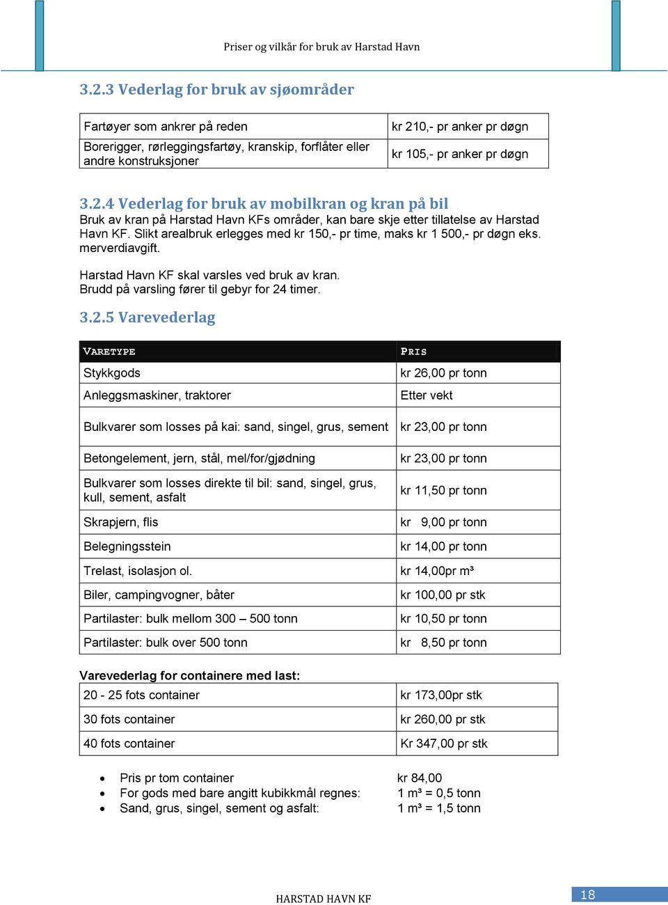 Slikt arealbruk erlegges med kr 150,- pr time, maks kr 1 500,- pr døgn eks. merverdiavgift. Harstad Havn KF skal varsles ved bruk av kran. Brudd på varsling fører til gebyr for 24