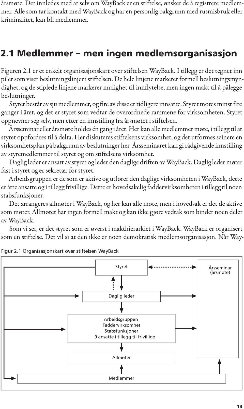 1 er et enkelt organisasjonskart over stiftelsen WayBack. I tillegg er det tegnet inn piler som viser beslutningslinjer i stiftelsen.