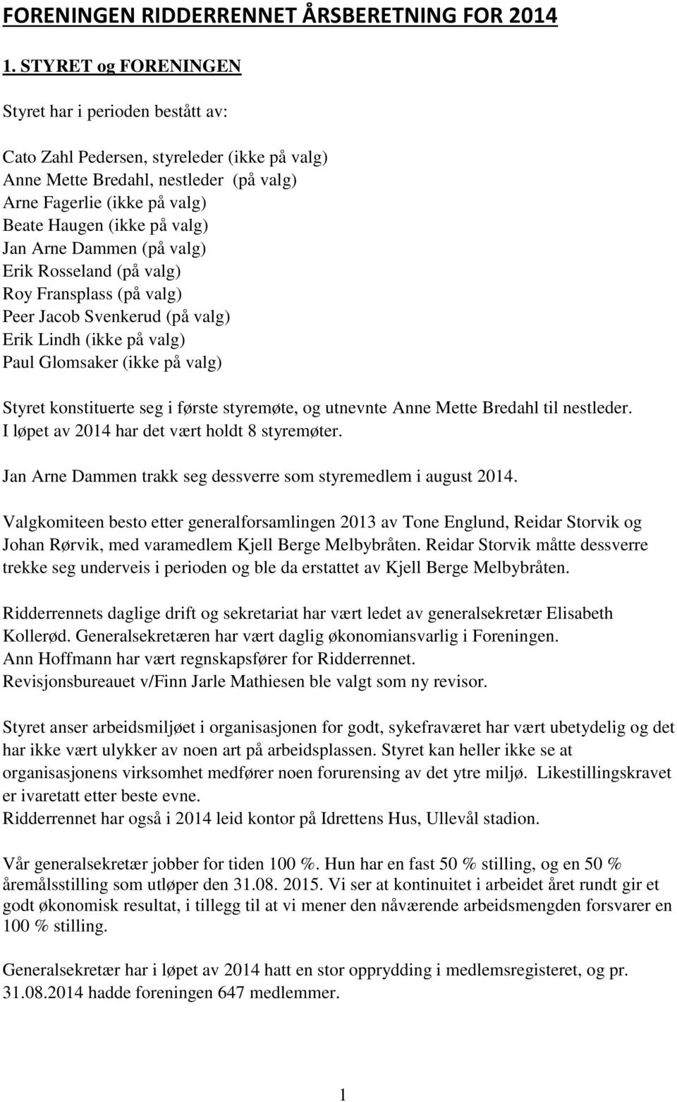 Jan Arne Dammen (på valg) Erik Rosseland (på valg) Roy Fransplass (på valg) Peer Jacob Svenkerud (på valg) Erik Lindh (ikke på valg) Paul Glomsaker (ikke på valg) Styret konstituerte seg i første