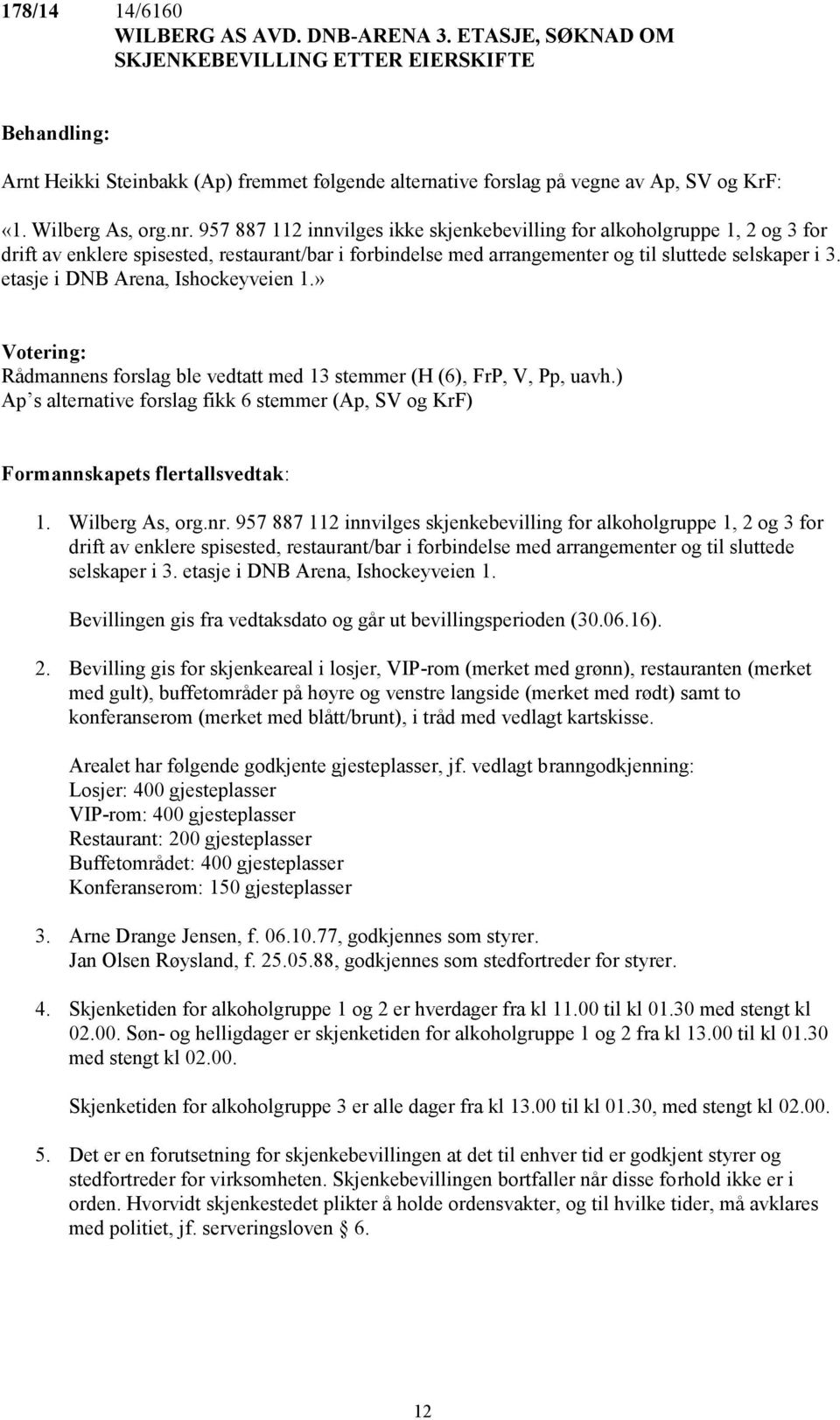 957 887 112 innvilges ikke skjenkebevilling for alkoholgruppe 1, 2 og 3 for drift av enklere spisested, restaurant/bar i forbindelse med arrangementer og til sluttede selskaper i 3.