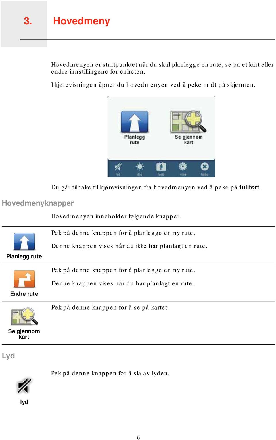 Hovedmenyen inneholder følgende knapper. Pek på denne knappen for å planlegge en ny rute. Planlegg rute Denne knappen vises når du ikke har planlagt en rute.